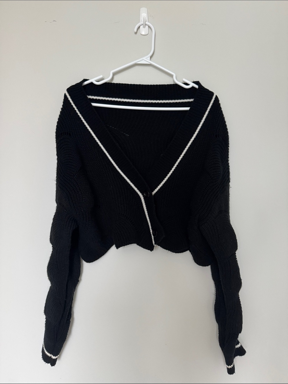 Black Cropped V-Neck Cardigan with White Trim